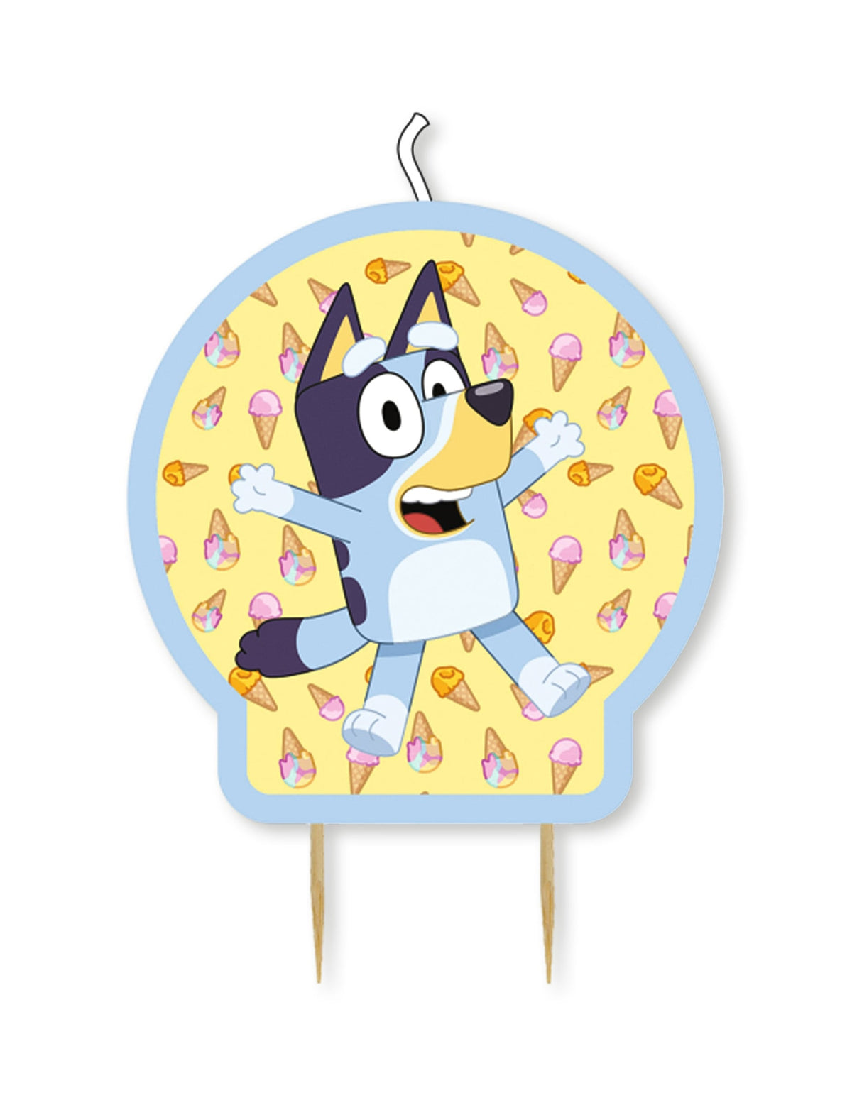 Bougie Bluey pour enfant bleue et jaune à motifs de glaces