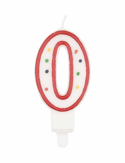 Bougie chiffre 0 multicolore à pois et liseré rouge