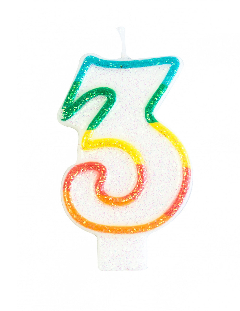 Bougie d'anniversaire chiffre 3 pour fête blanche pailletée arc-en-ciel