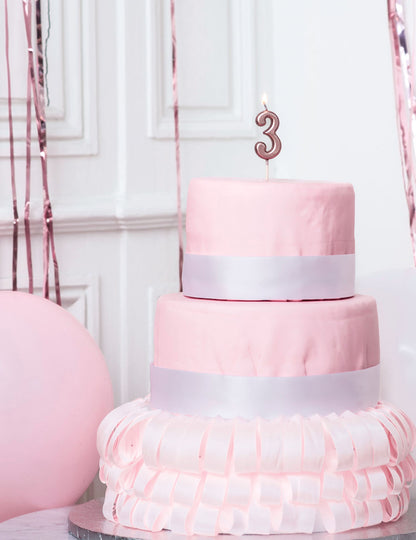 Bougie d'anniversaire chiffre 3 rose gold 4,3 cm métallisée avec pic