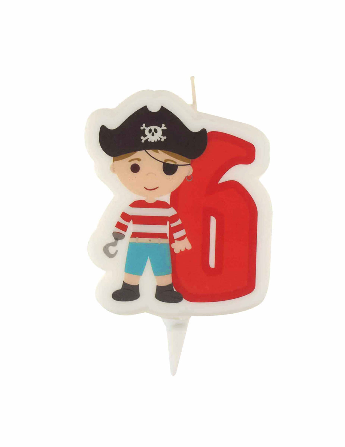 Piratska rojstnodnevna sveča s številko 6 za otroka, rdeča, z zatičem