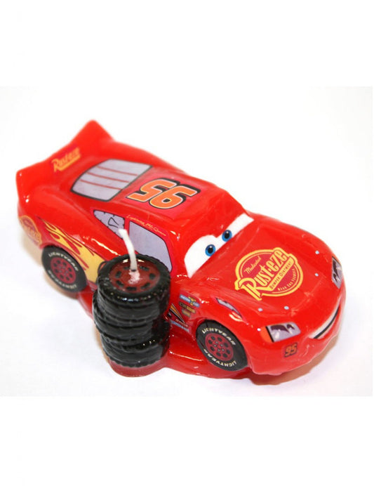 Bougie Flash McQueen Cars pour anniversaire rouge avec pile de pneus
