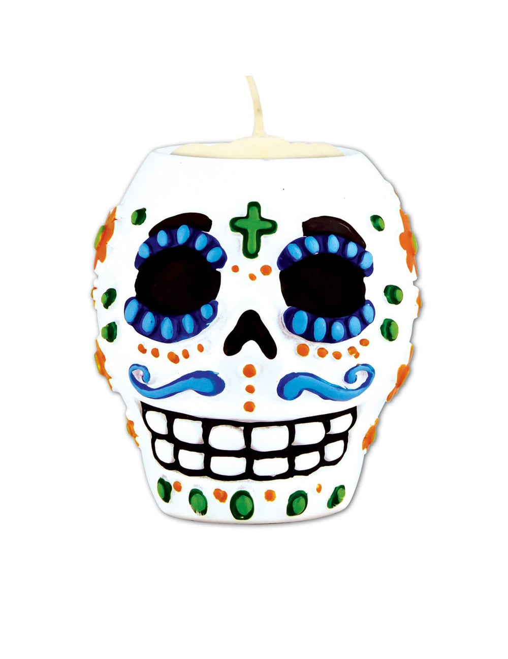 Svečnik v obliki lobanje Dia de los Muertos za zabavo, bela z barvitimi vzorci