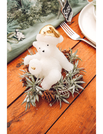 Sveča v obliki belega in zlatega medvedka 10 cm Božič