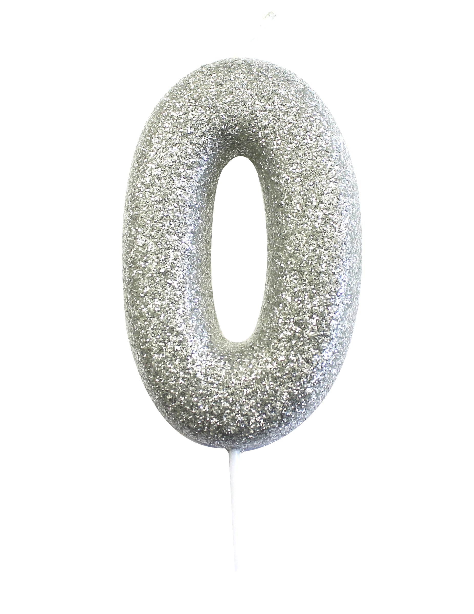 Bougie sur pique chiffre 0 pour gâteau argent pailleté
