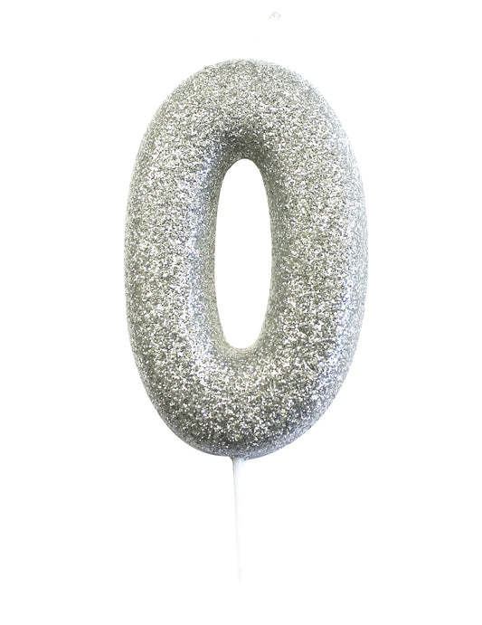 Bougie sur pique chiffre 0 pour gâteau argent pailleté