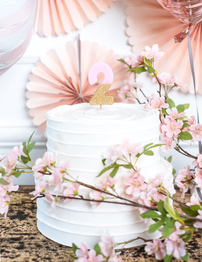 Svečka številka 2 z rožnato in zlato bleščečo barvo na palčki, 13,8 cm za torto