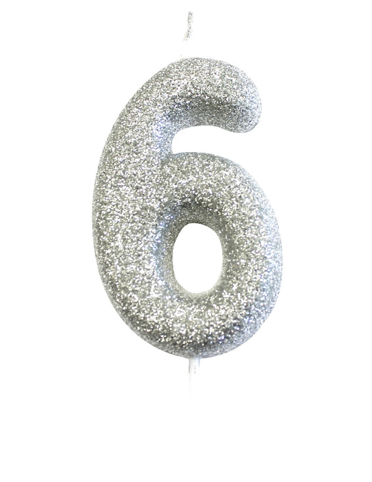 Bougie sur pique chiffre 6 pour gâteau d'anniversaire argent pailleté