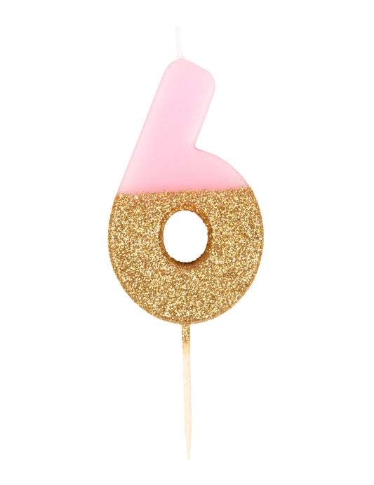 Bougie sur pique chiffre 6 pour gâteau rose et dorée pailletée