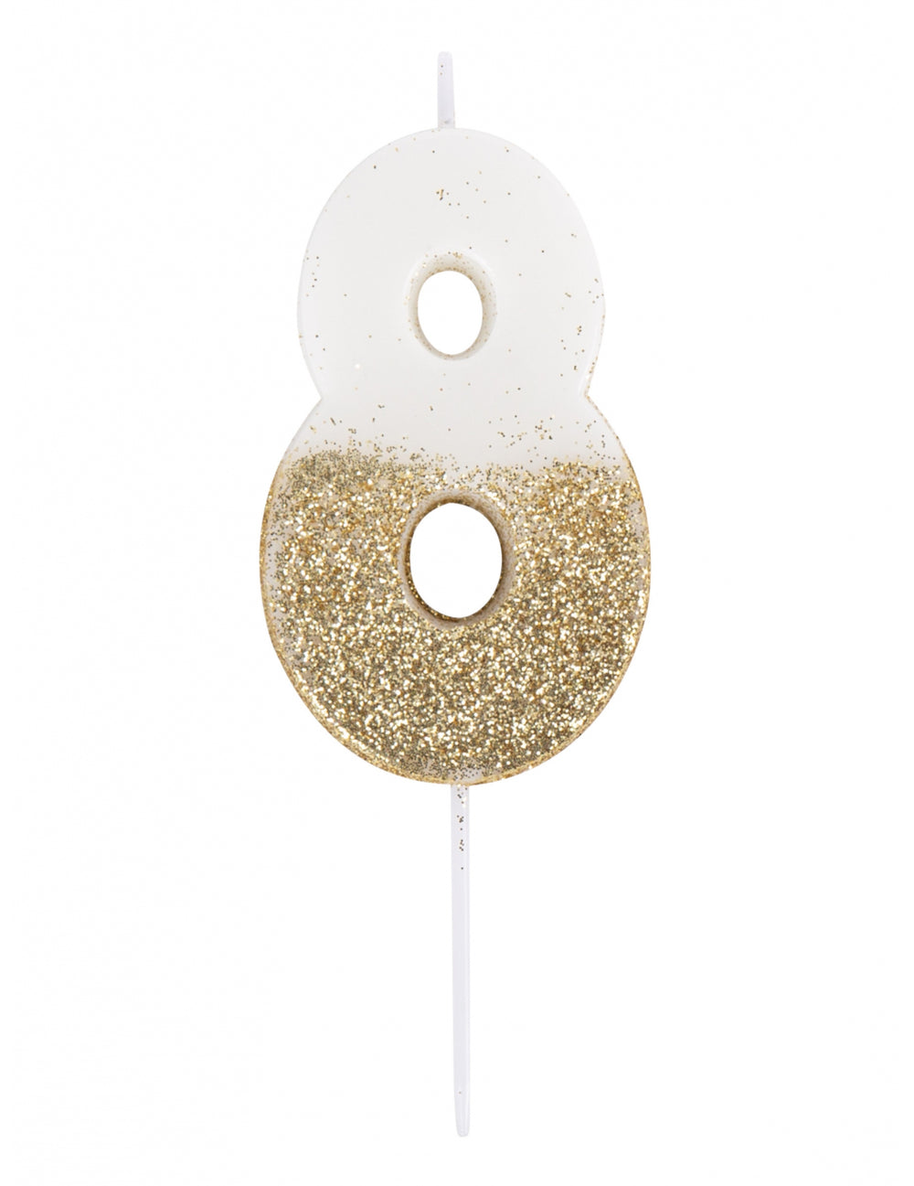 Bougie sur pique chiffre 8 pour anniversaire blanche et dorée pailletée