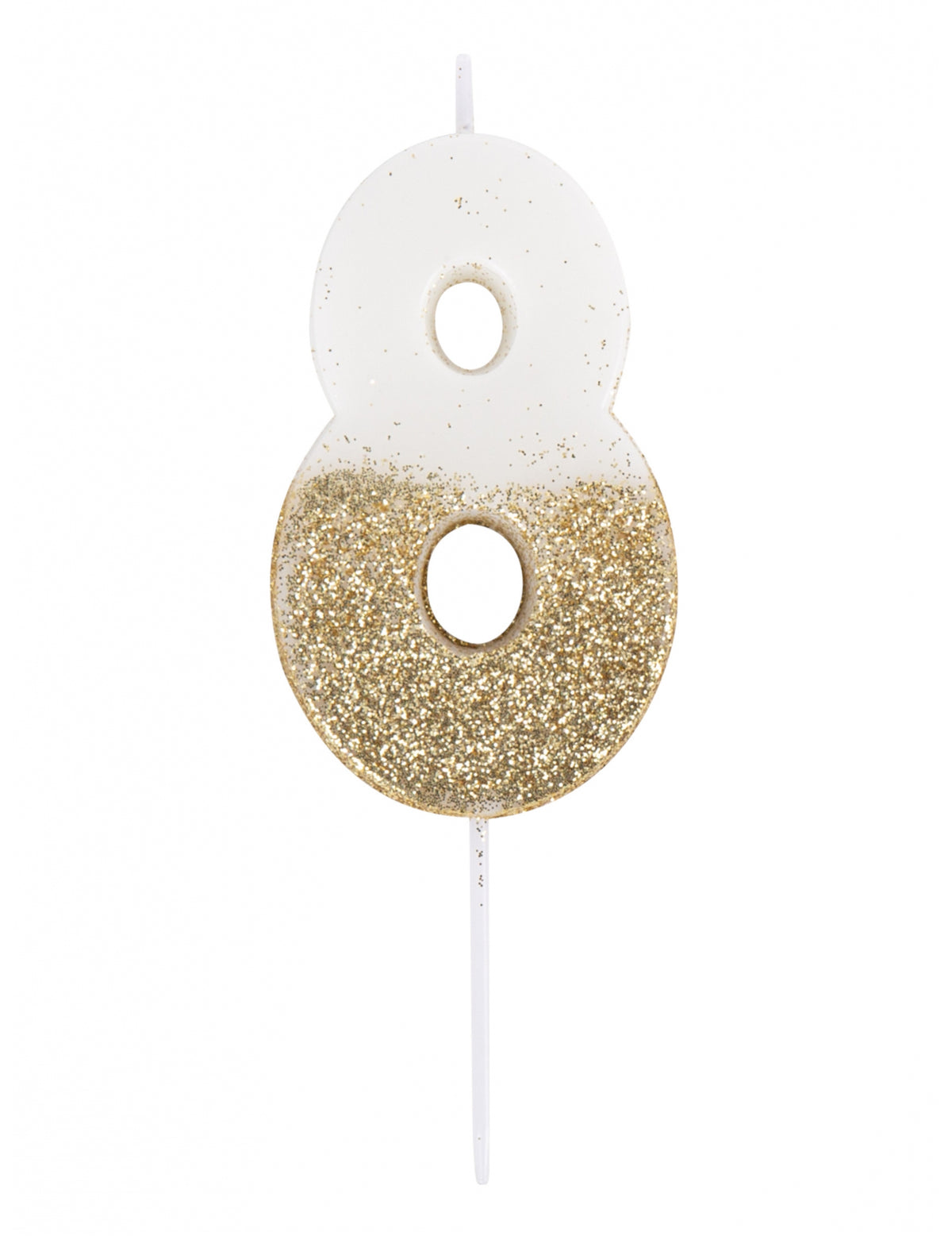 Bougie sur pique chiffre 8 pour anniversaire blanche et dorée pailletée