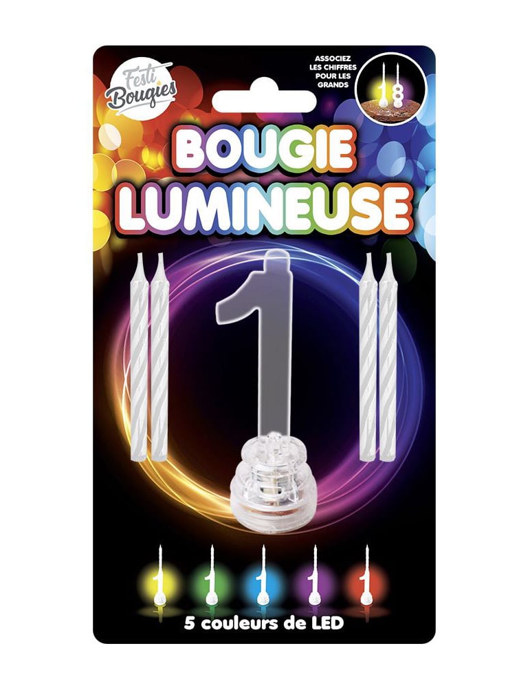 Bougie lumineuse LED chiffre 1 pour anniversaire multicolore