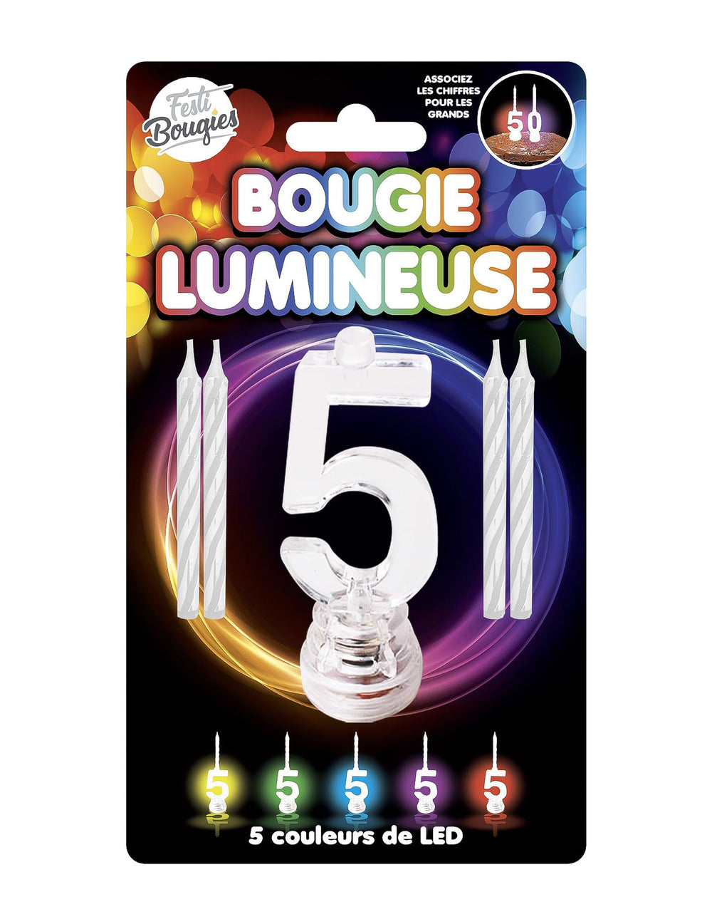 Bougie lumineuse LED chiffre 5 pour anniversaire multicolore