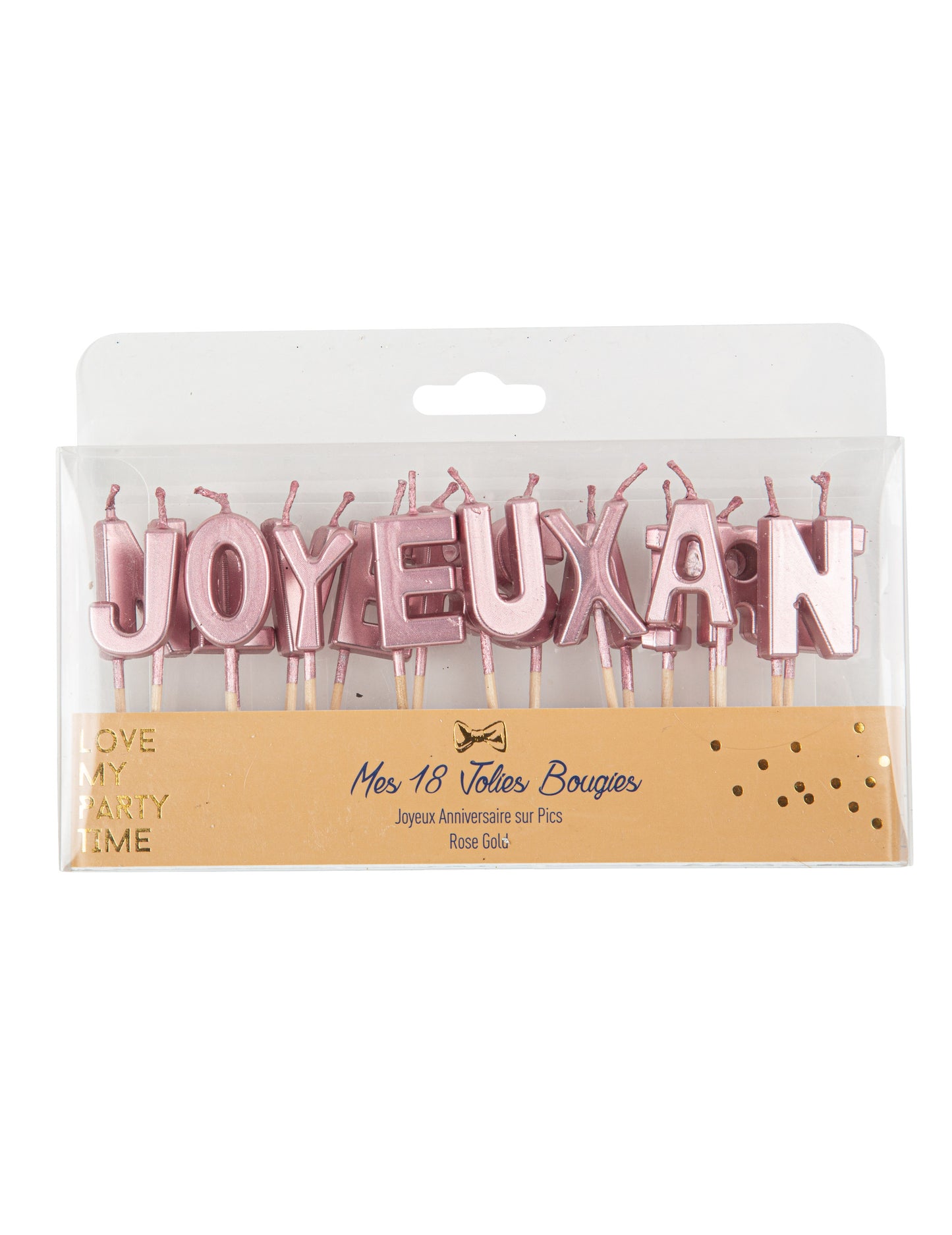 Svečke na palčkah s črkami "Happy Birthday", kovinsko rožnato zlato, 4.3 cm za torto