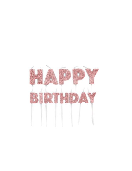 Bougies sur pics Happy Birthday pour anniversaire rose gold pailletées