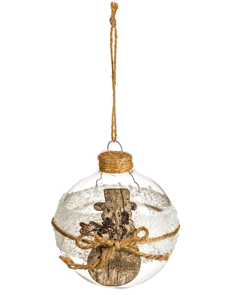 Boule de noël bonhomme de neige pour sapin en verre bois et jute givrée