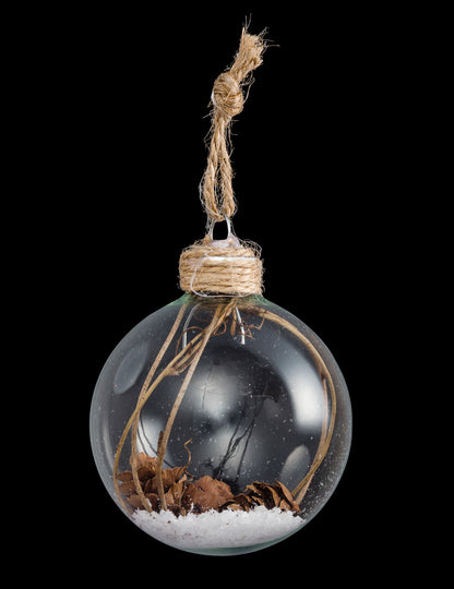 Steklena božična kroglica s storži 6 cm in sneg