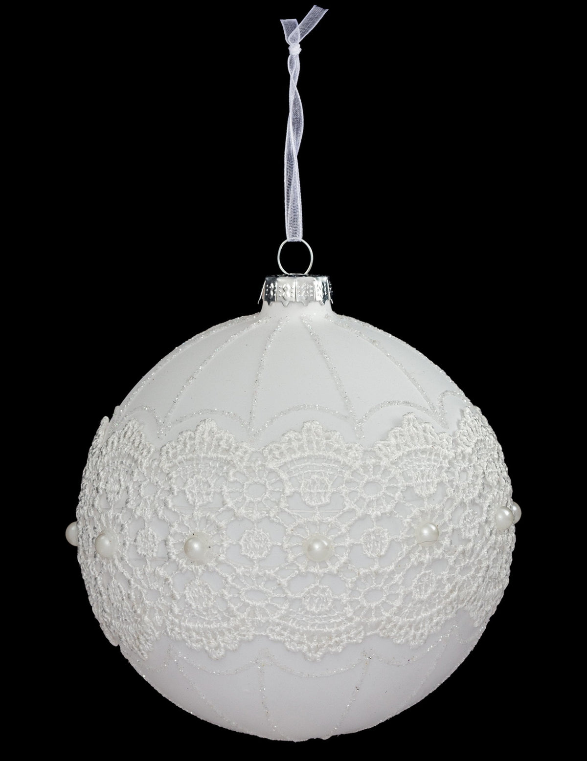 Boule de noël en verre élégante pour décoration blanche avec dentelle