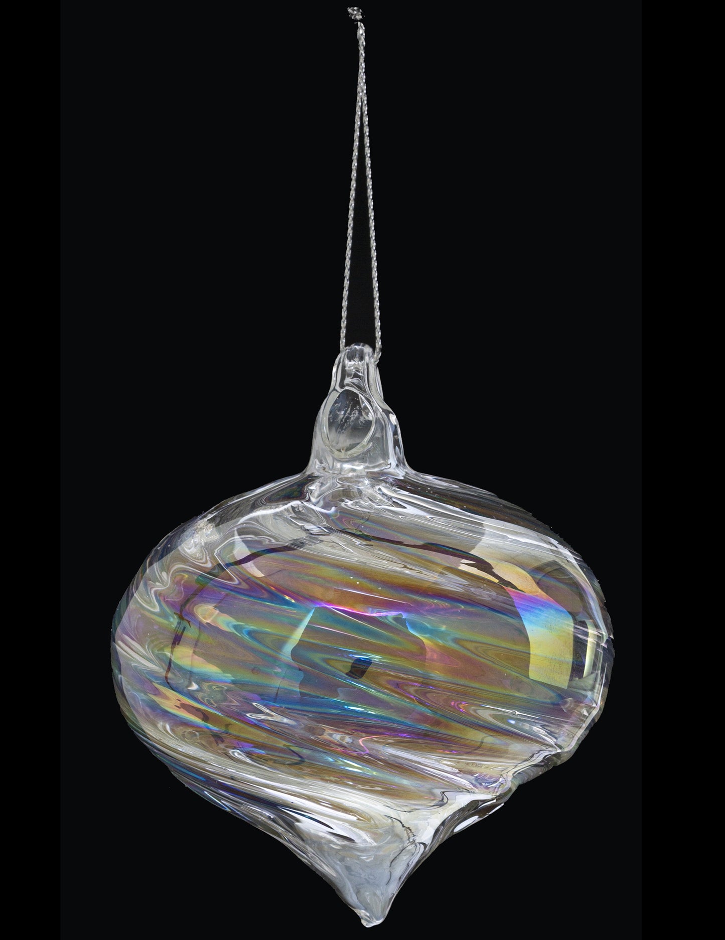 Steklena božična kroglica v obliki solze 8 cm mavrična