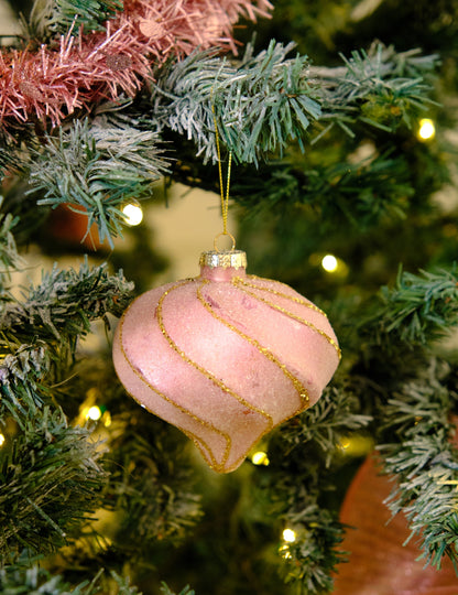 Božična kroglica v obliki solze z rožnato-zlatimi spiralami, 10 cm bleščice