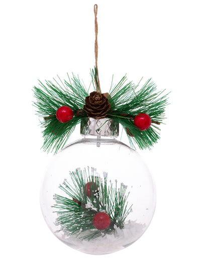 Boule de Noël naturelle avec neige et sapin transparente avec pomme de pin et baies rouges