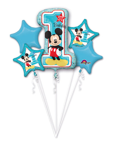 Bouquet de 5 ballons aluminium 1er anniversaire Mickey pour enfant bleu et blanc