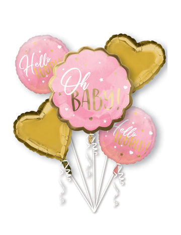 Šopek 5 roza in zlatih folijskih balonov z napisom "oh baby" za otroško zabavo
