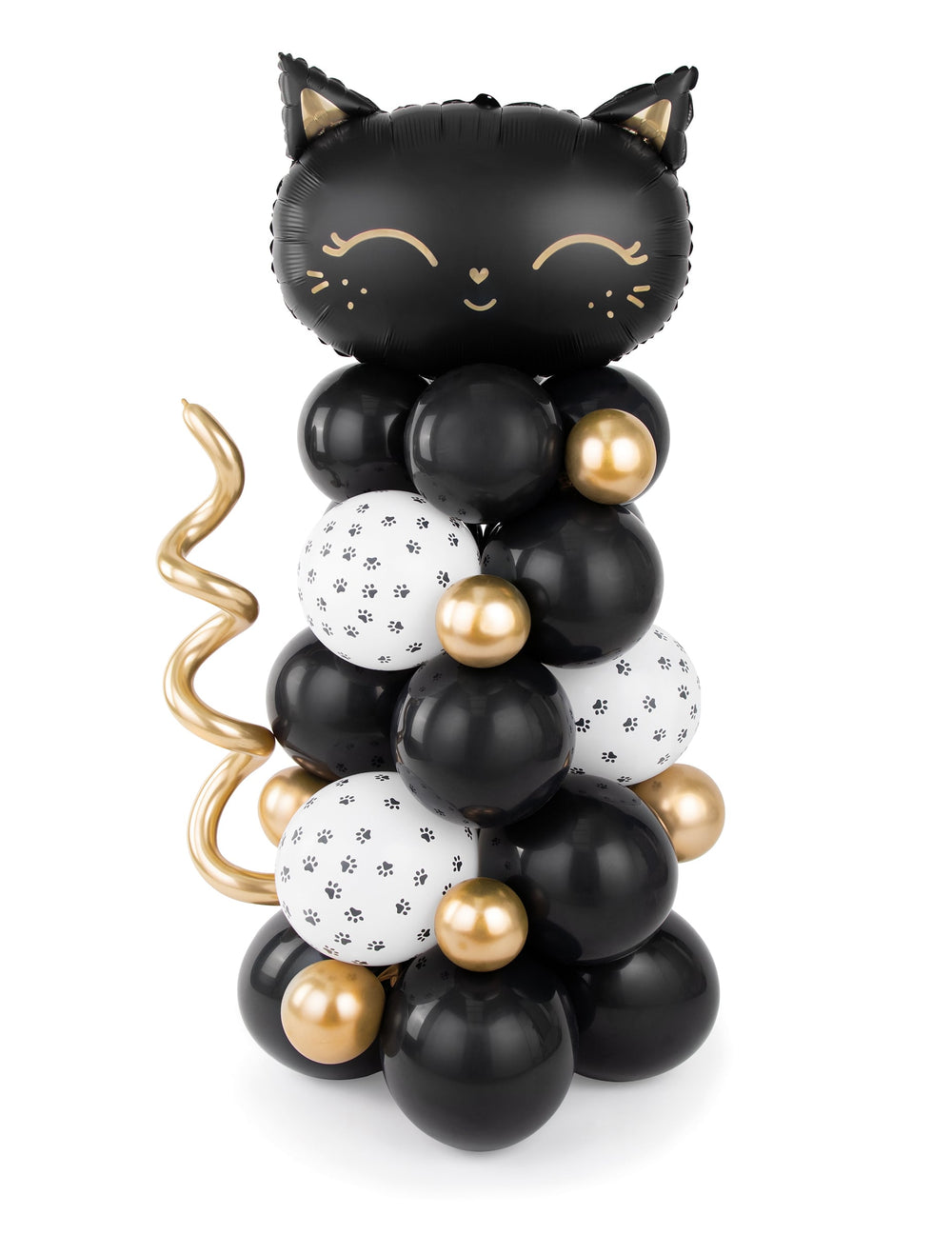 Bouquet de ballons chat noir pour fête doré et blanc avec motifs de pattes
