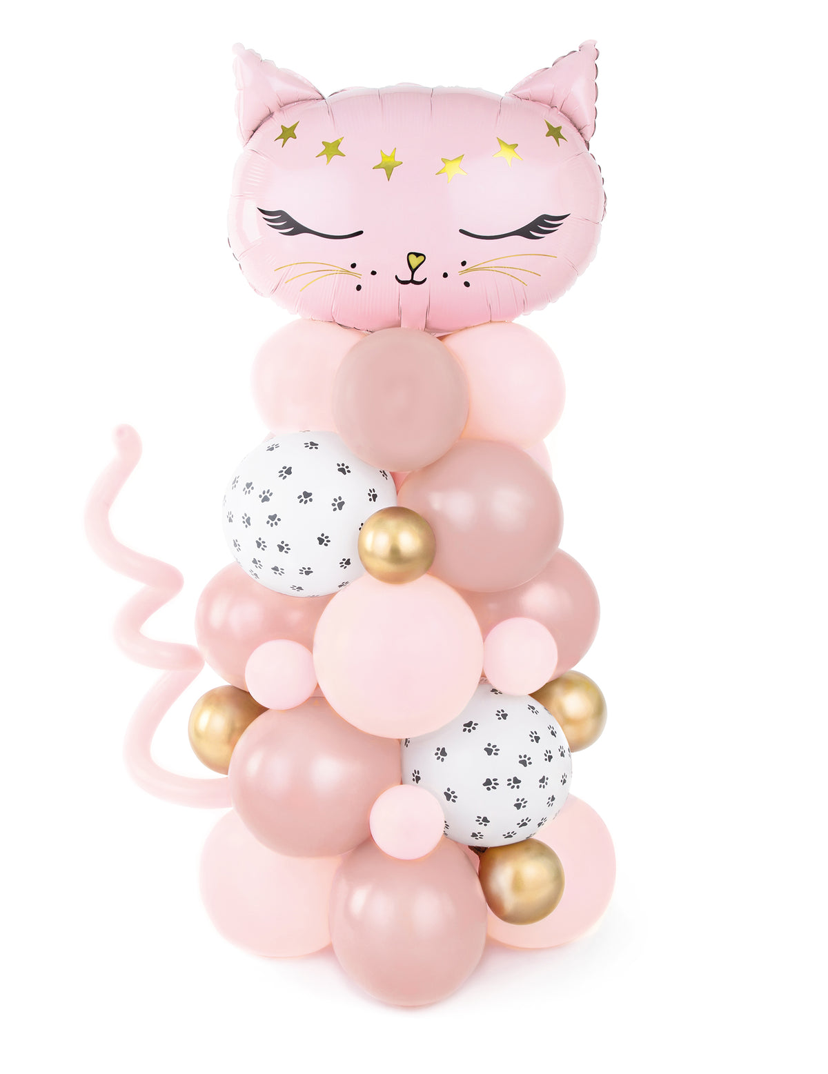 Bouquet de ballons chat rose pour fête rose et doré avec motifs de pattes de chat