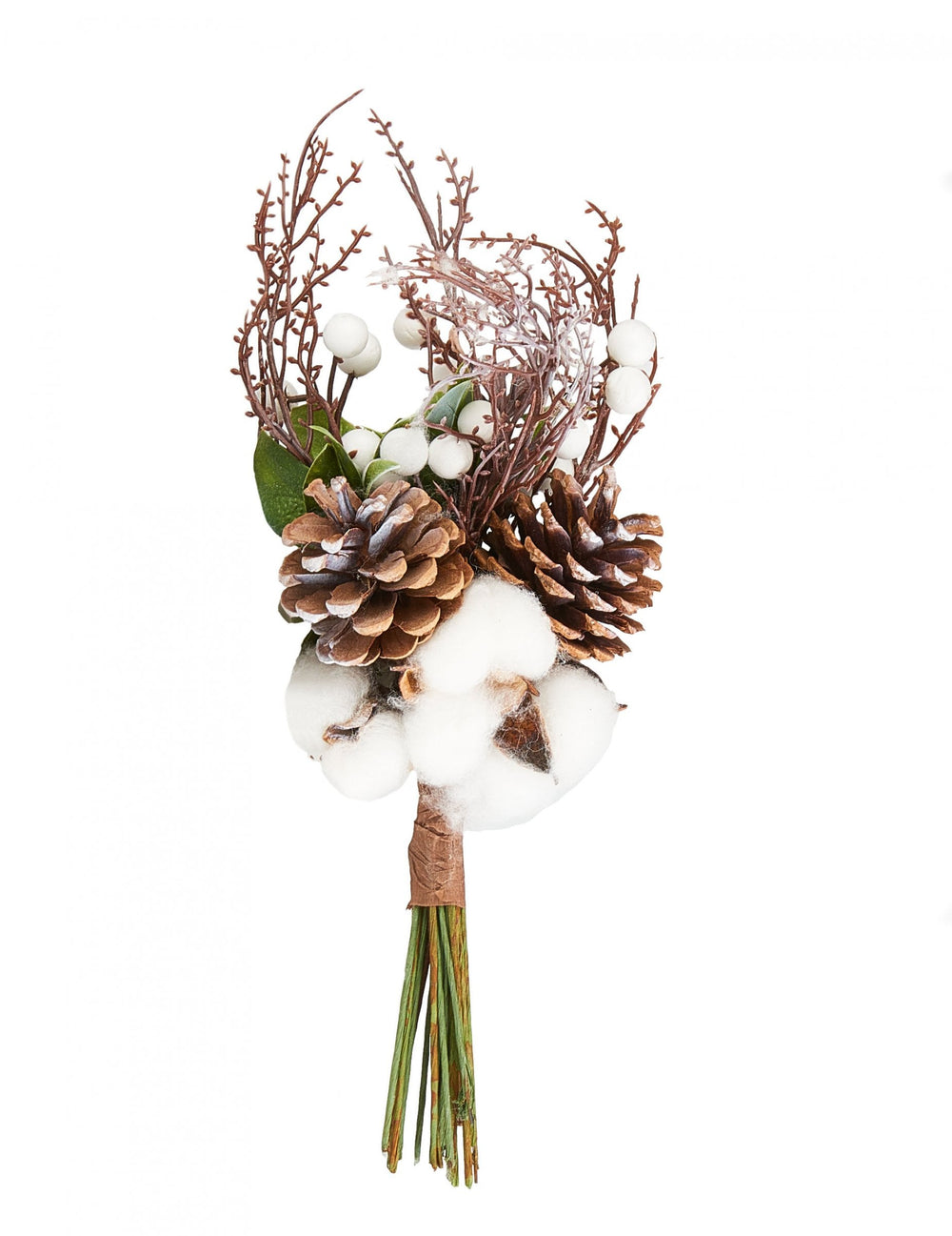 Bouquet fleurs de coton et pommes de pin pour décoration nature marron et blanc