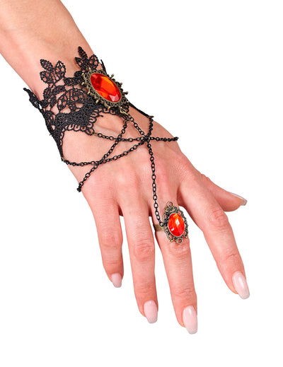 Bracelet en dentelle avec bague et pierres rouges pour femme noir