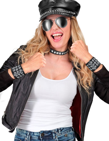 Črn motoristični zapestnica za ženske z srebrnimi žebljički