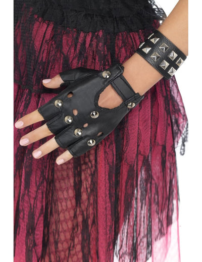 Bracelet punk pour adulte noir à clous pyramidaux argentés