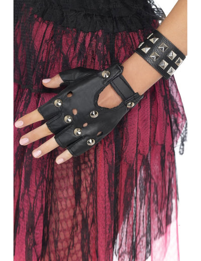 Bracelet punk pour adulte noir à clous pyramidaux argentés