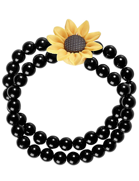 Bracelet perles tournesol hippie pour adulte noir avec fleur jaune