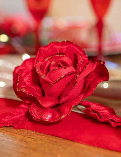 Branche de rose velours pailleté rouge 21 cm