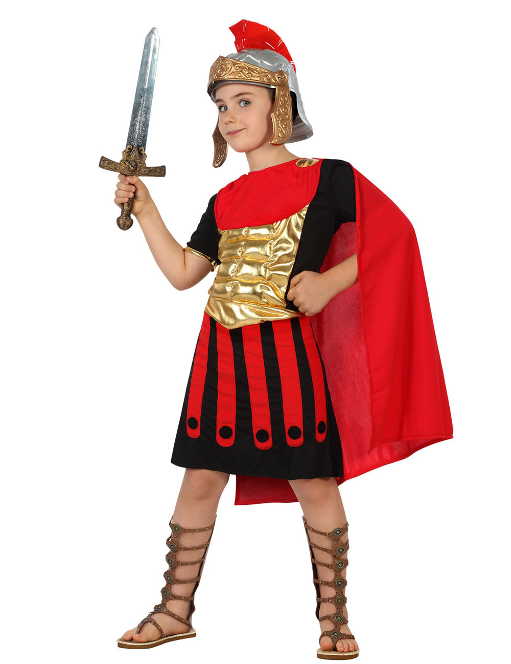 Déguisement de centurion Romain pour enfant rouge, noir et doré avec cape et casque