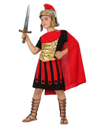 Déguisement de centurion Romain pour enfant rouge, noir et doré avec cape et casque