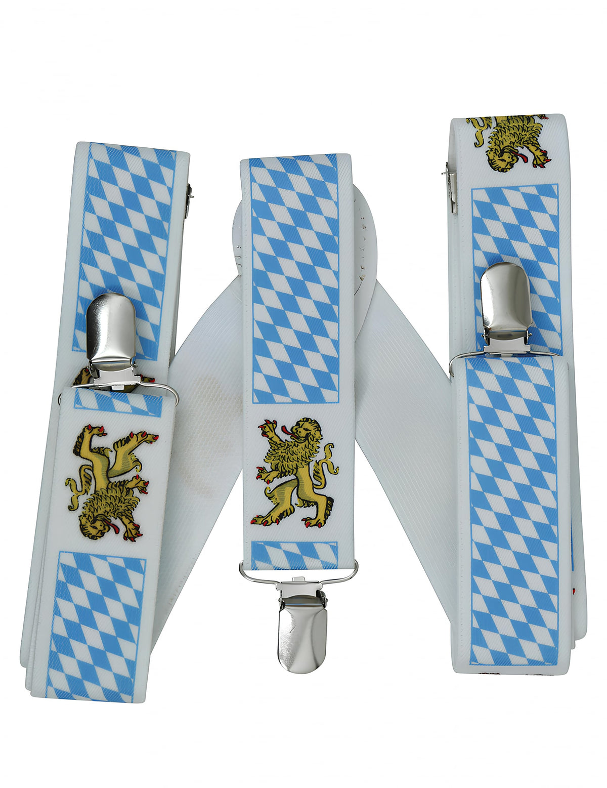 Détail des motifs de lion et des carreaux des bretelles bavaroises