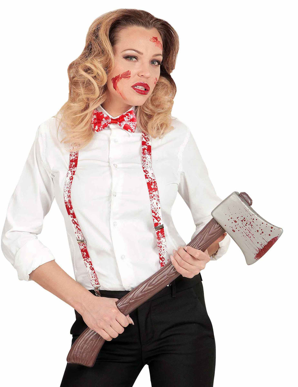 Pogled od spredaj, oblečen z naramnicami in krvavo metuljasto kravato halloween