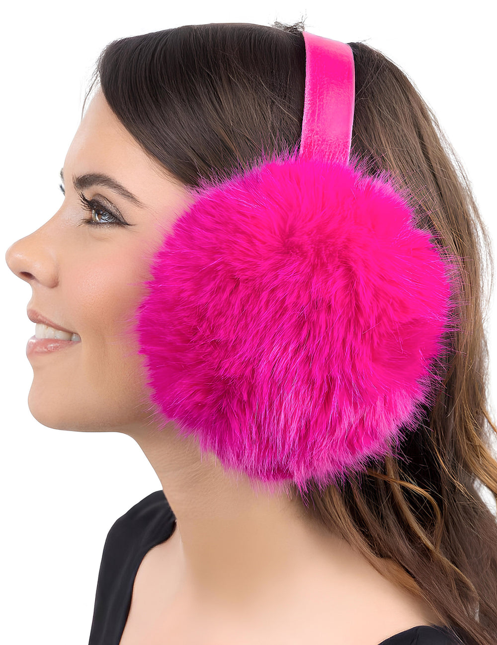 Vue de profil du cache-oreille fausse fourrure pour femme rose fuchsia