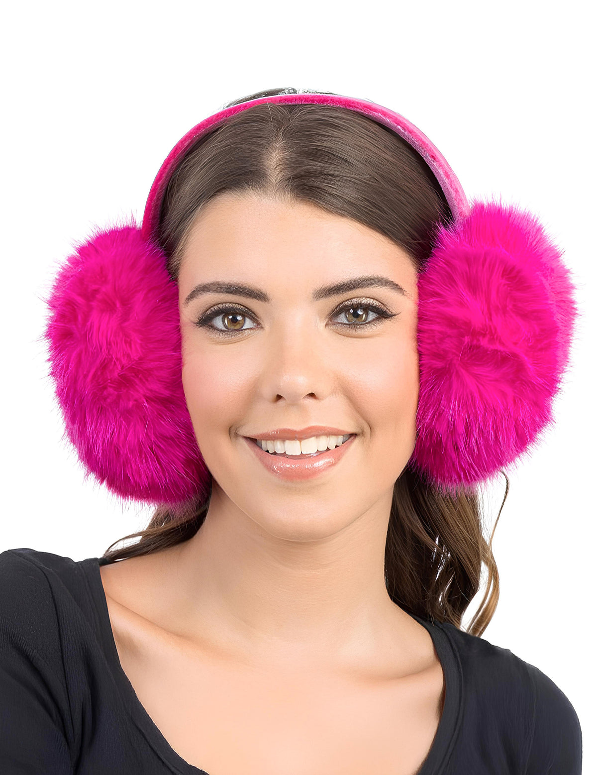 Vue de face du cache-oreille fausse fourrure pour femme rose fuchsia