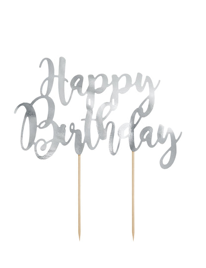 Cake topper happy birthday pour gâteau argenté métallisé