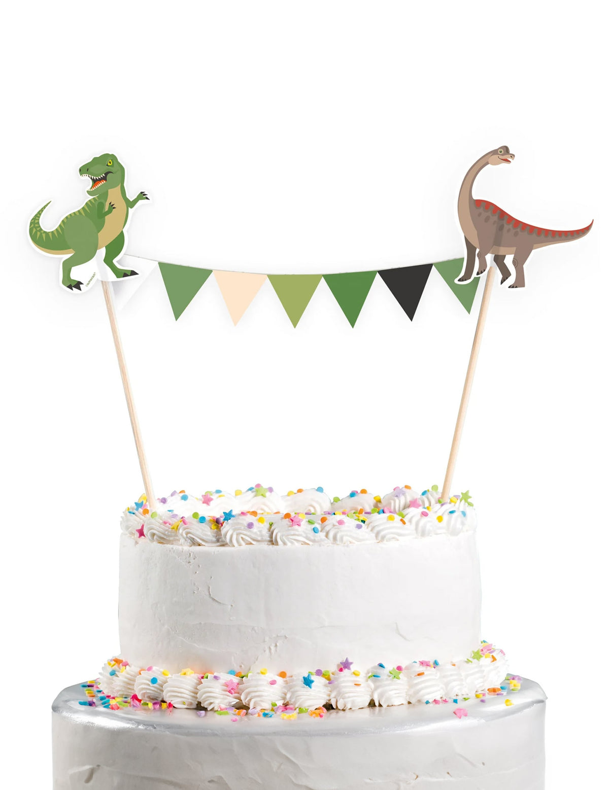 Cake topper Grands Dinosaures vert et marron avec guirlande de fanions