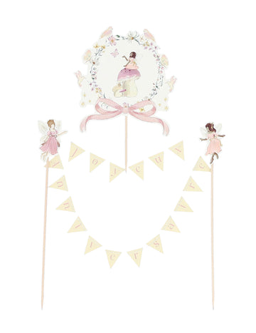 Okras za torto z vilinskim vencem za rojstni dan z medaljonom 12 cm pastel in rože
