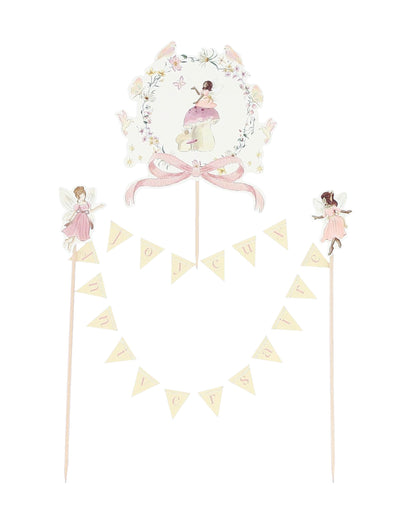 Cake topper guirlande joyeux anniversaire fée pour enfant pastel avec médaillon et fleurs