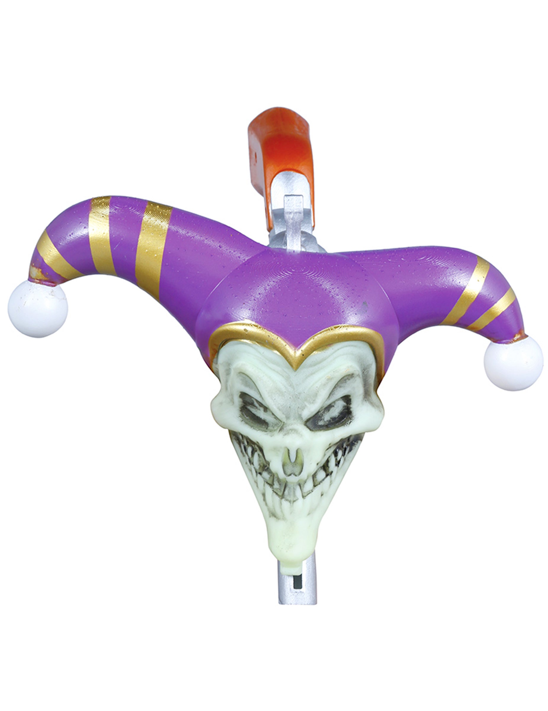 Vue de face de la tête de mort du pommeau de la canne pistolet joker fou