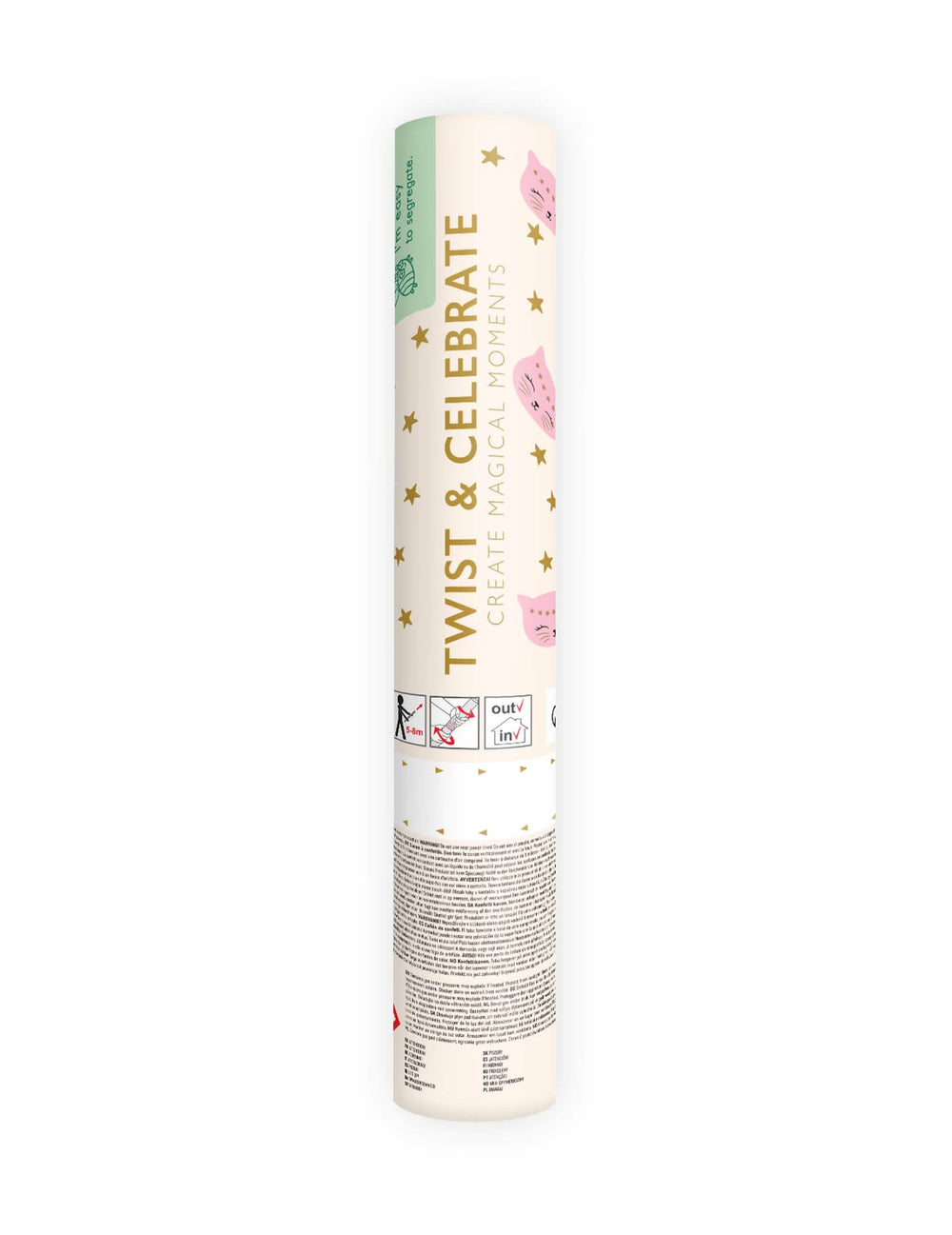Vue de l'emballage du canon à confettis en papier étoiles et chat