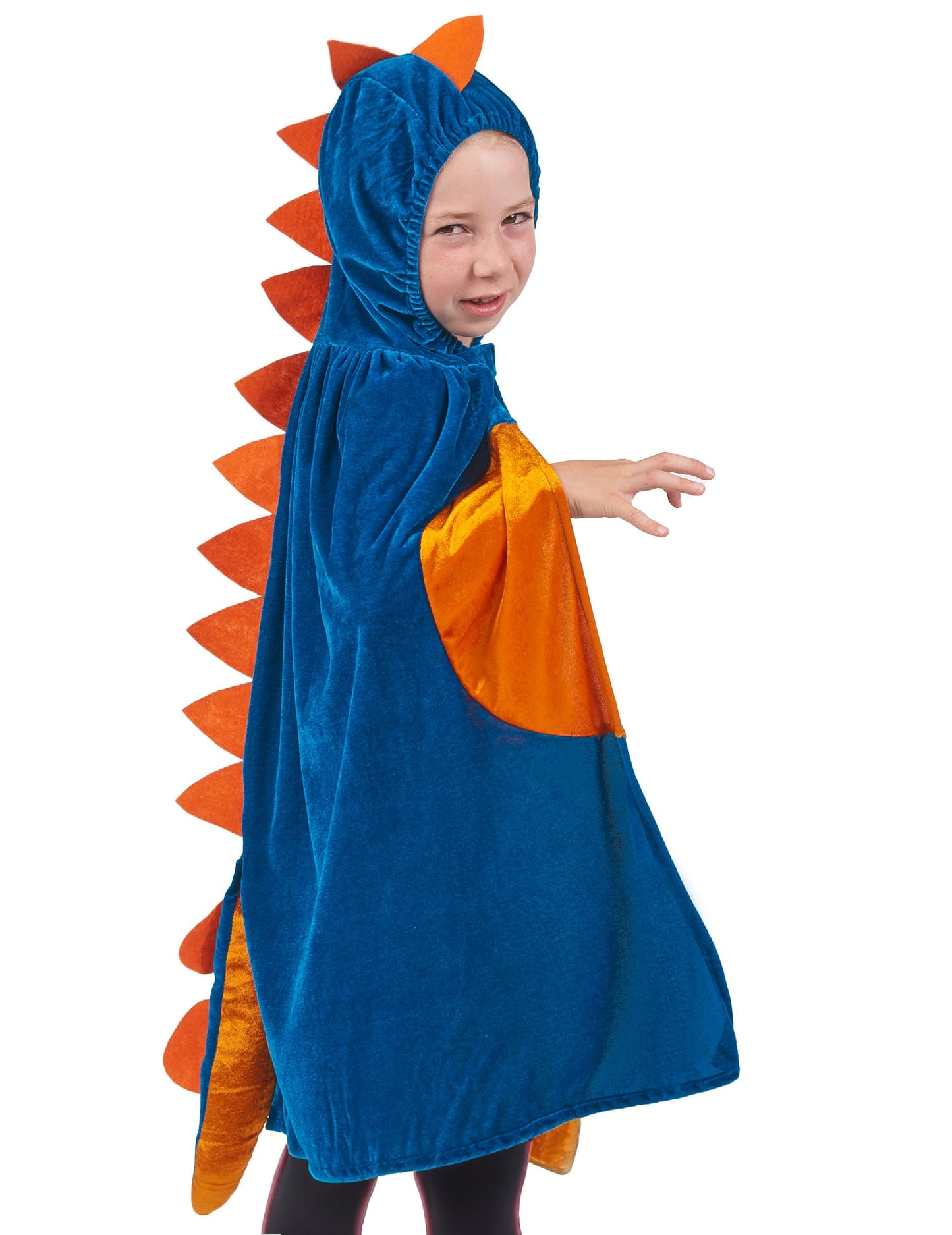 Vue de profil et de dos de la cape dinosaure pour enfant