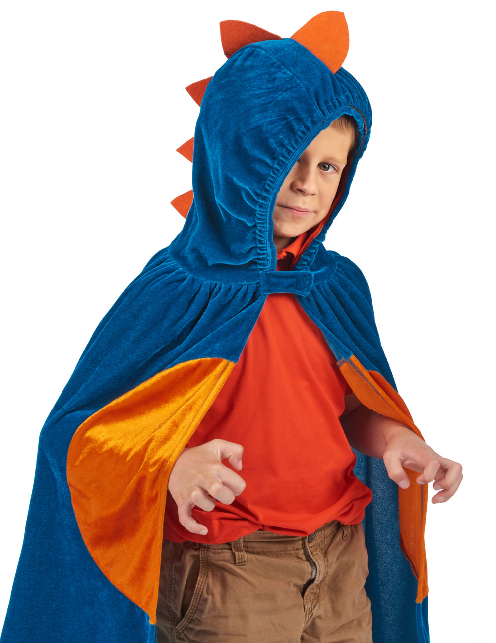Vue de profil de la capuche de la cape dinosaure pour enfant